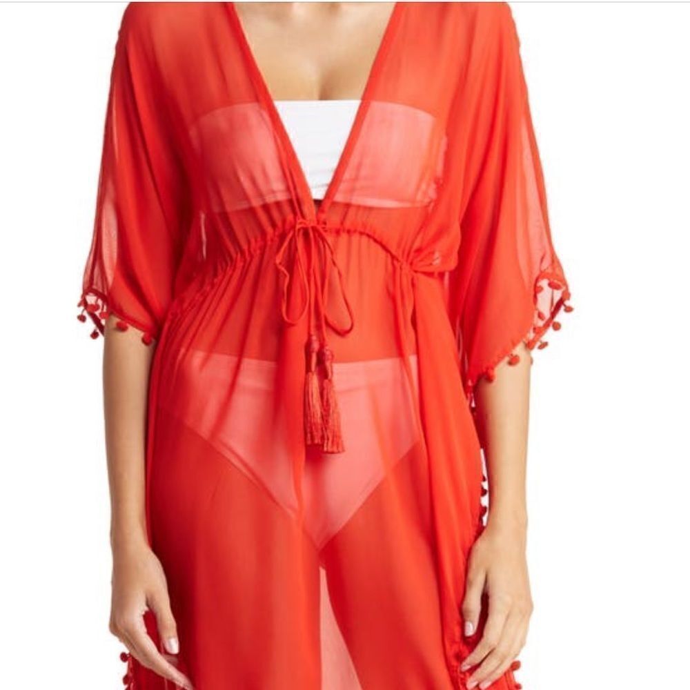 11-Cherry Red Tassel Trim Short Swim Cover by Shahida Parides